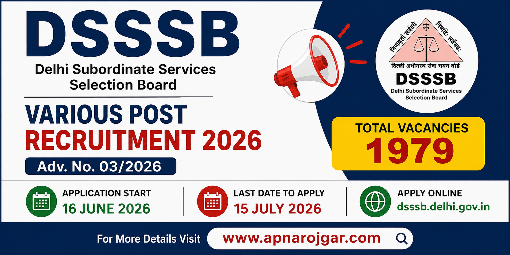 Delhi Subordinate Services Selection Board (DSSSB) Various Posts Recruitment 2026 Poster